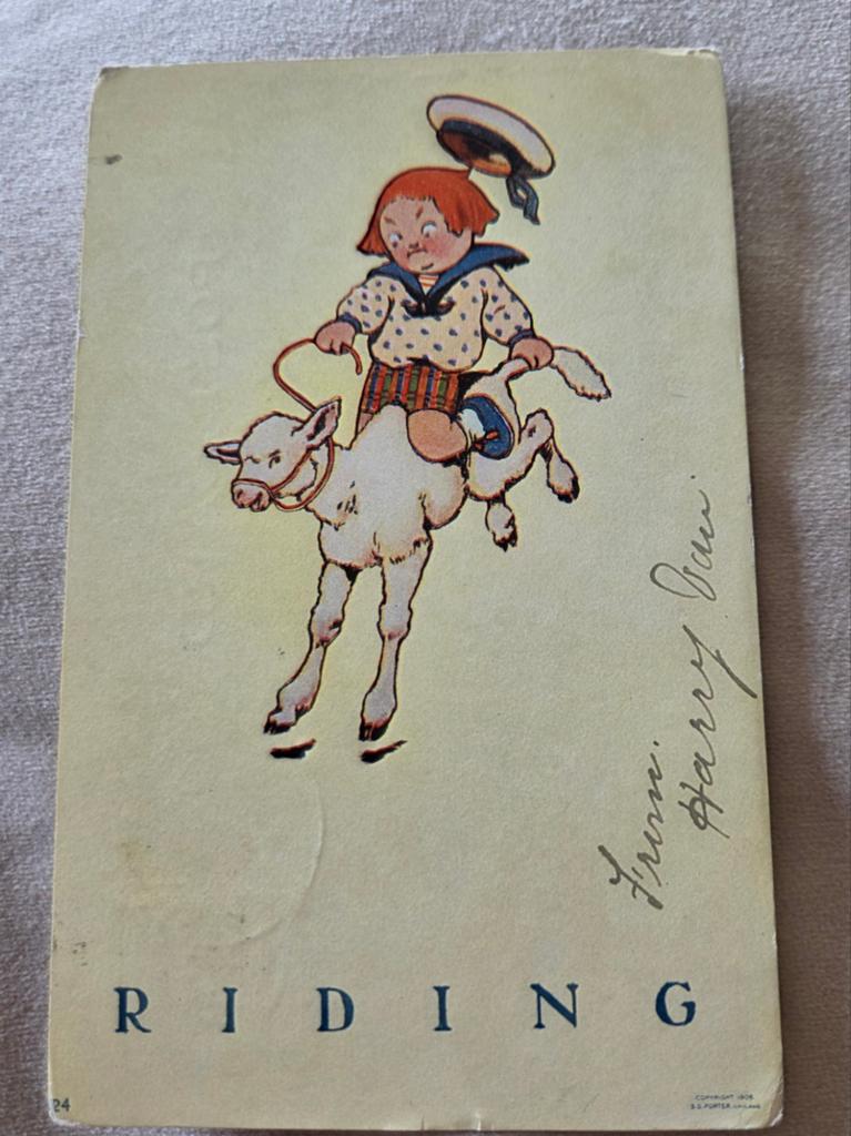 Jongetje in matrozenpak zit op bokkend kalf, Verzenden, Voor 1920, Gelopen, Kinderen