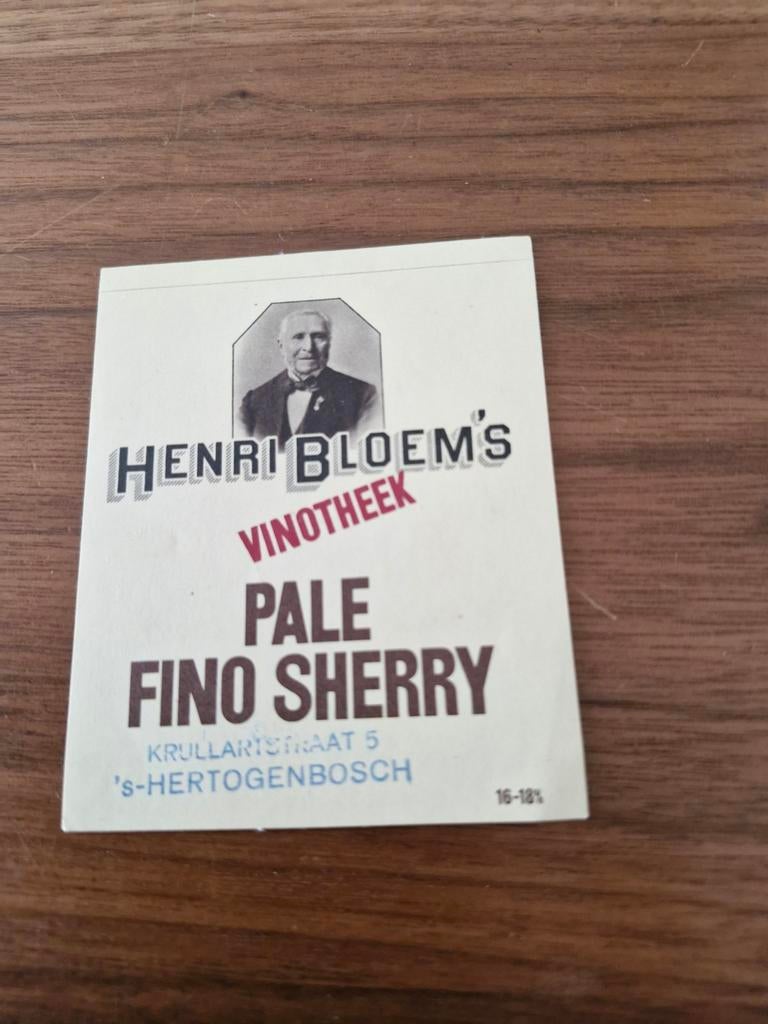 7735 Vintage Henri Bloem's Vinotheek Pale Fino Sherry Sticke, Verzamelen, Ophalen of Verzenden, Gebruikt