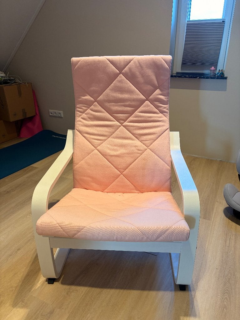 IKEA POÄNG Schommelstoel - Wit frame, roze bekleding, Ophalen, Hout, Gebruikt, Modern, Scandinavisch
