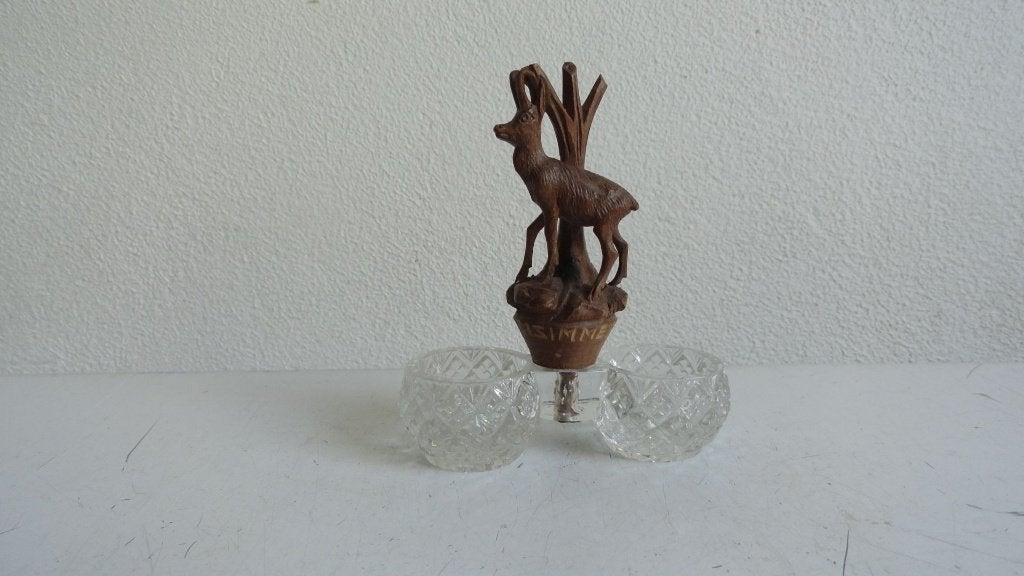 Zoutvatje, dubbel, glas en houtsnijwerk, Zwitsers zeldzaam, Ophalen of Verzenden