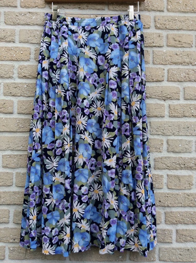 ROK SEVERIN DANERS BLAUW GEBLOEMD MIDI 100%viscose 38, Maat 38/40 (M), Zo goed als nieuw, SEVERIN DANERS, Onder de knie
