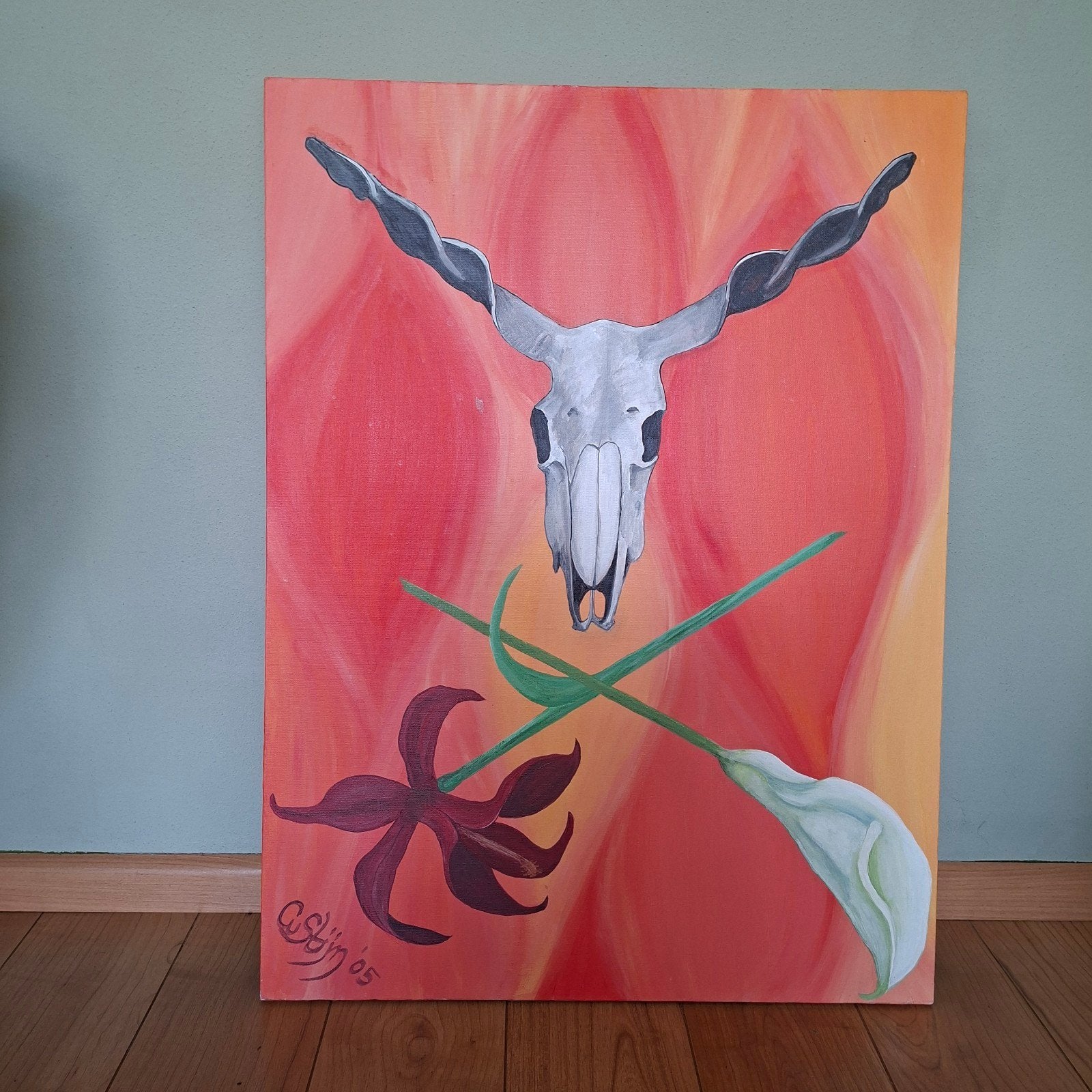 Schilderij met schedel en bloemen, Ophalen of Verzenden