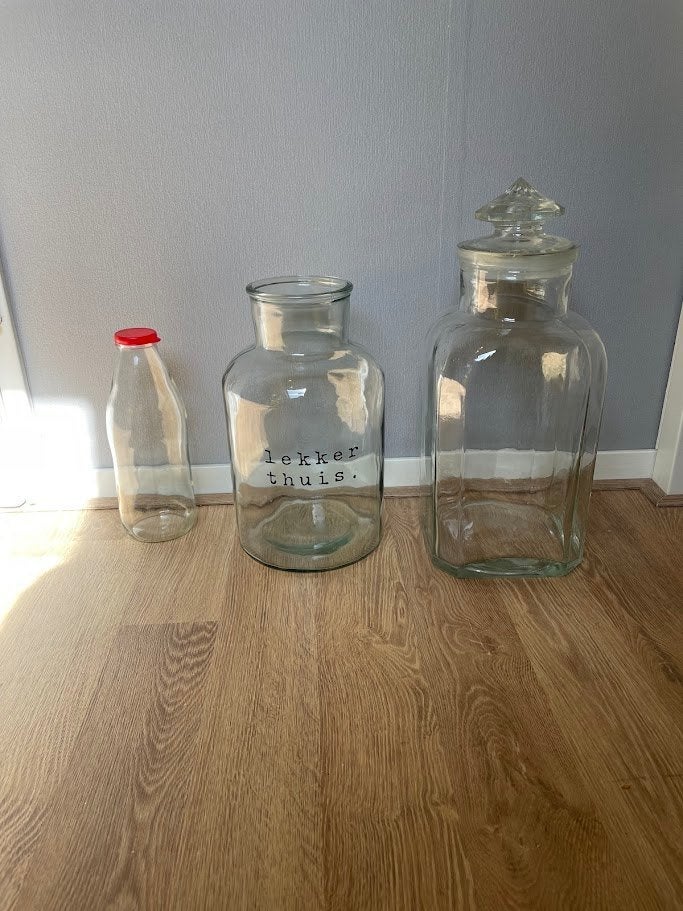 3 Glazen flessen., Ophalen of Verzenden, Gebruikt, Glas, Brocante
