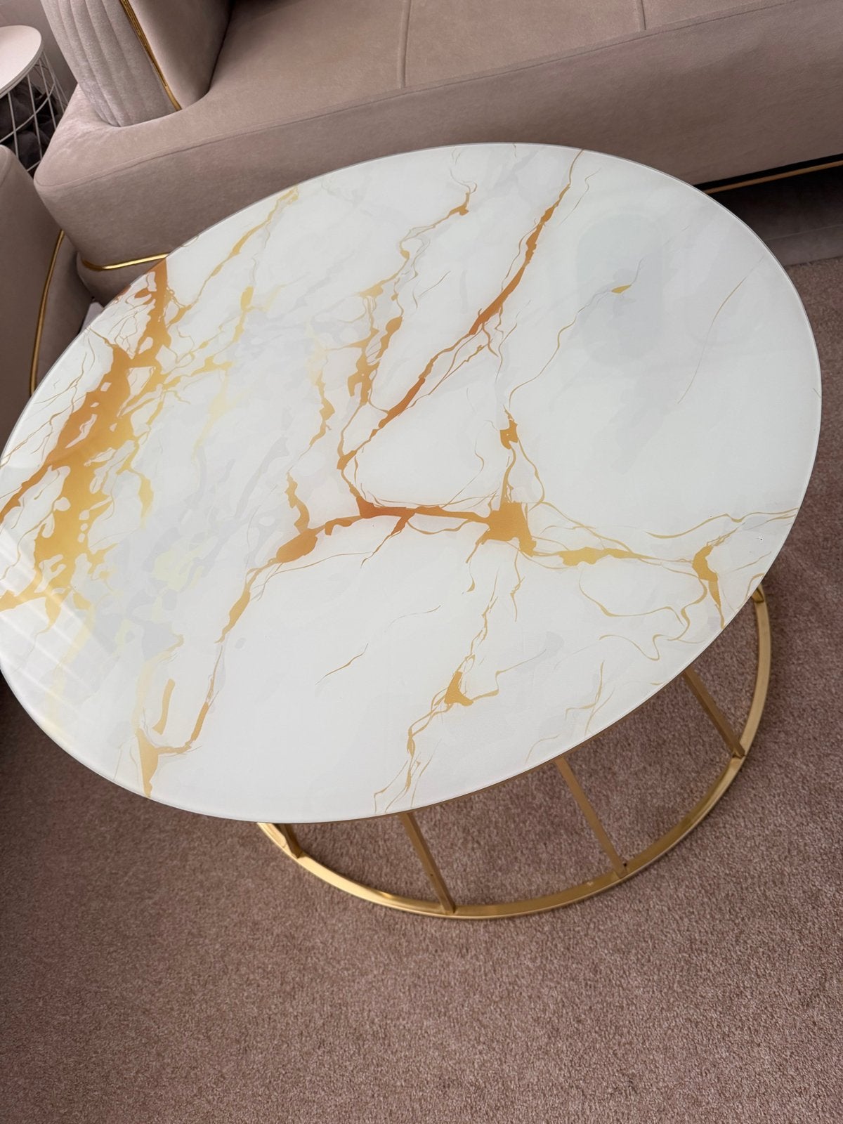 Ronde salontafel glas marmerlook met goud poten, Ophalen, Rond, 50 tot 100 cm, Glas
