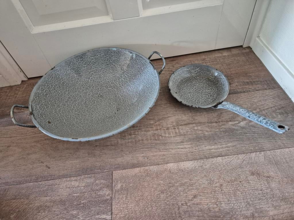 Emaille wok en koekenpan, grijs gewolkt - nette staat, Ophalen of Verzenden