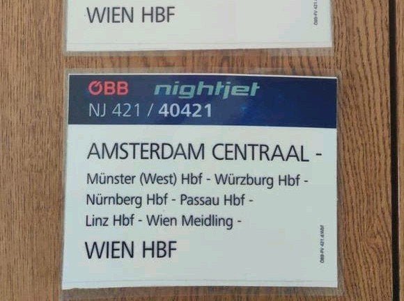 Koersbord Nightjet 421/40421 Amsterdam - Wenen, Ophalen of Verzenden, Gebruikt, Trein, Overige typen
