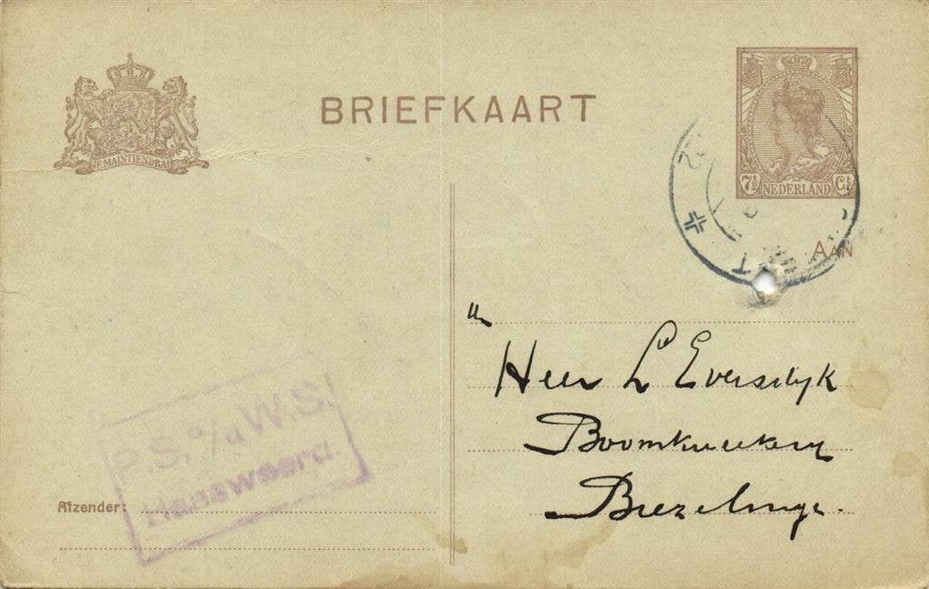 P.S. a/d W.S., Hansweerd - 06.1922 - briefkaart, Ophalen of Verzenden, Briefkaart