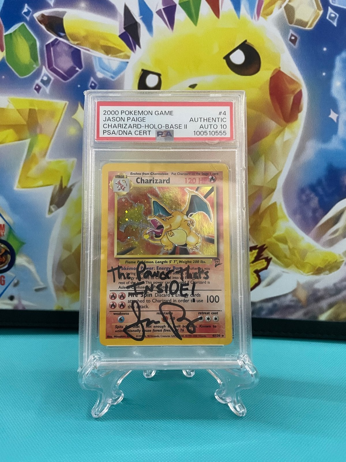 Gesigneerde Charizard Holo Base II PSA 10 - Jason Paige, Hobby en Vrije tijd, Verzamelkaartspellen | Pokémon, Ophalen of Verzenden