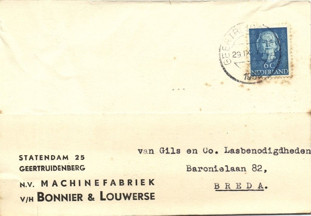 v/h Bonnier + Louwerse, Geertruidenberg - 09.1952 - briefkaa, Ophalen of Verzenden, Briefkaart
