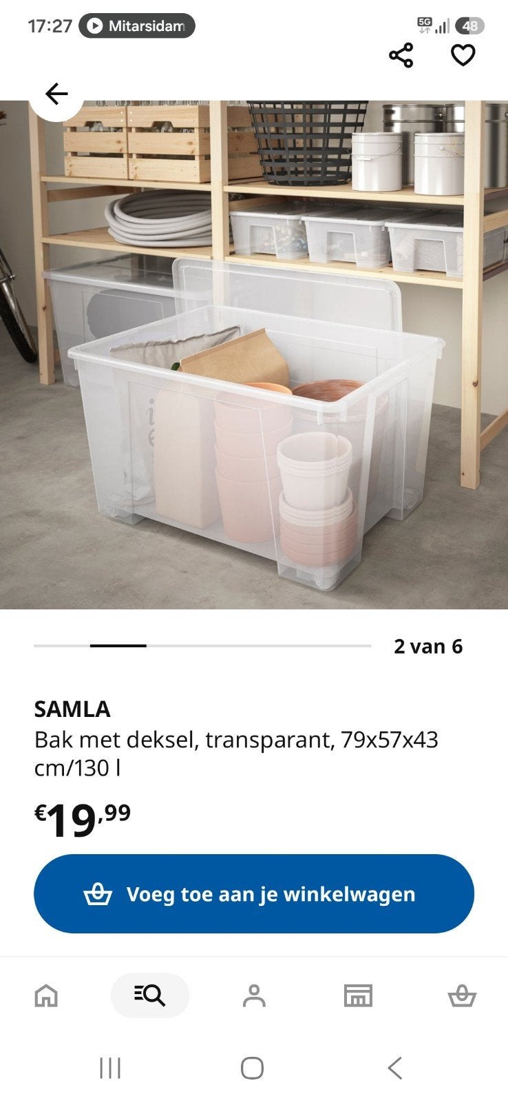 Ikea Samla bak met deksel, transparant, 130L, Huis en Inrichting, Woonaccessoires | Kisten, Ophalen, 50 – 75, Kunststof, Gebruikt