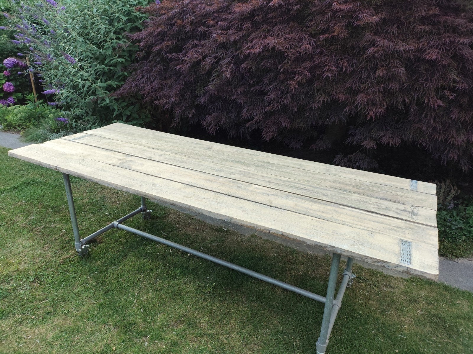 Grote steigerhouten tuintafel met steigerbuis frame, Tuin en Terras, Ophalen, Gebruikt, Rechthoekig