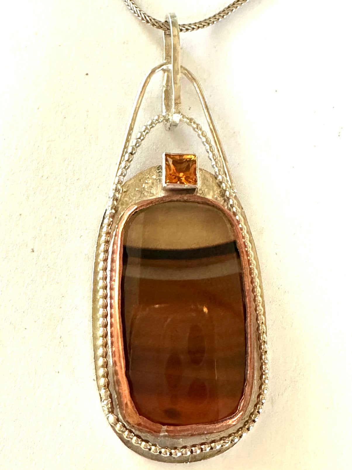 Zilveren ketting met band agaat /citrien hanger, Gebruikt, Verzenden, Met edelsteen, Zilver