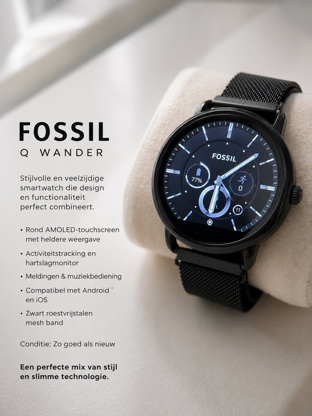 Fossil Q Wander - Smartwatch, Ophalen, Zo goed als nieuw, Zwart, Android