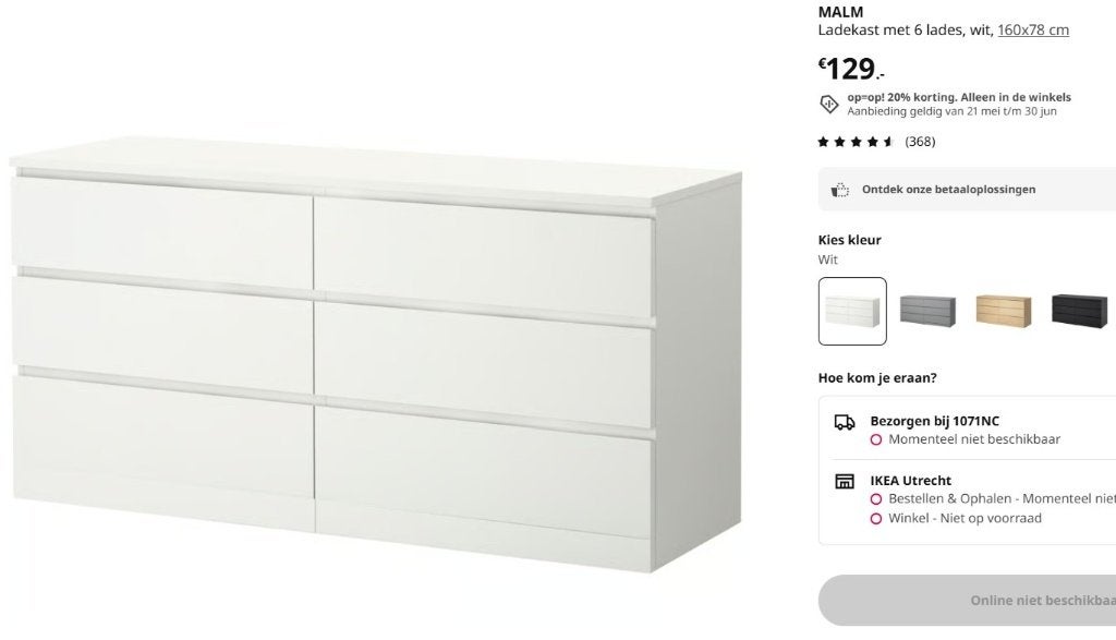Ikea MALM Ladekasten met 6 lades, wit, 160x78 cm NIEUW!, Huis en Inrichting, Ophalen, 5 laden of meer, 150 tot 200 cm, Nieuw