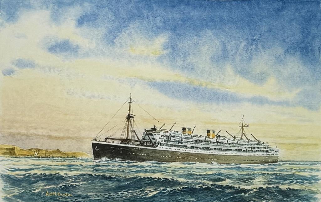 315. Aquarel, Ad M. Oudes – schip op zee, Nederland., Ophalen of Verzenden