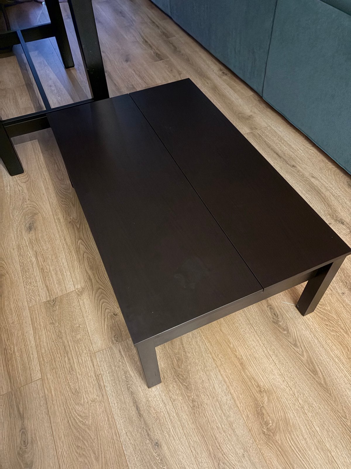 Donkerbruine salontafel met opbergruimte, Ophalen, Gebruikt, 100 tot 150 cm, 50 tot 100 cm