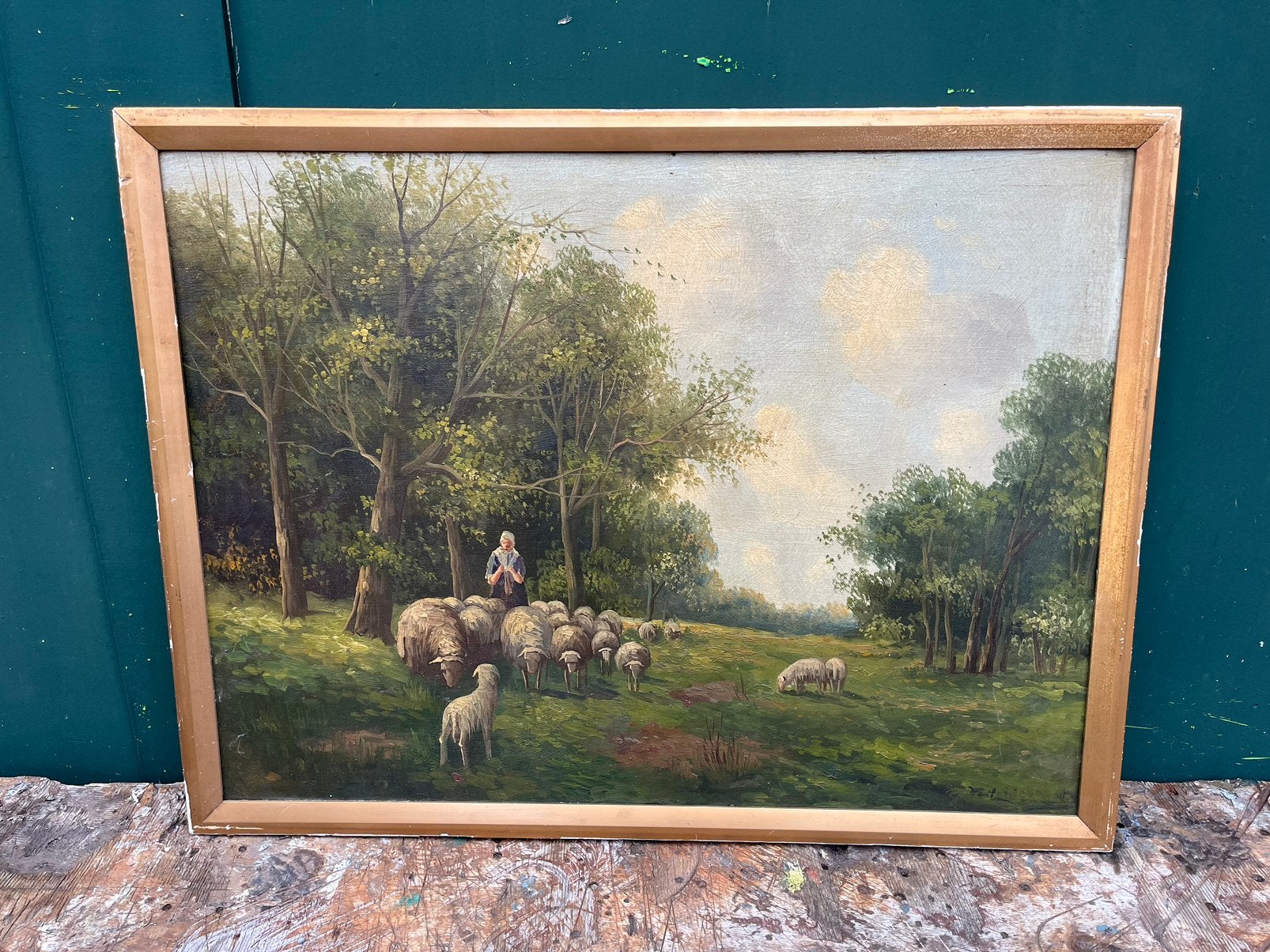 Schilderij landschap met schapen, Antiek en Kunst, Ophalen