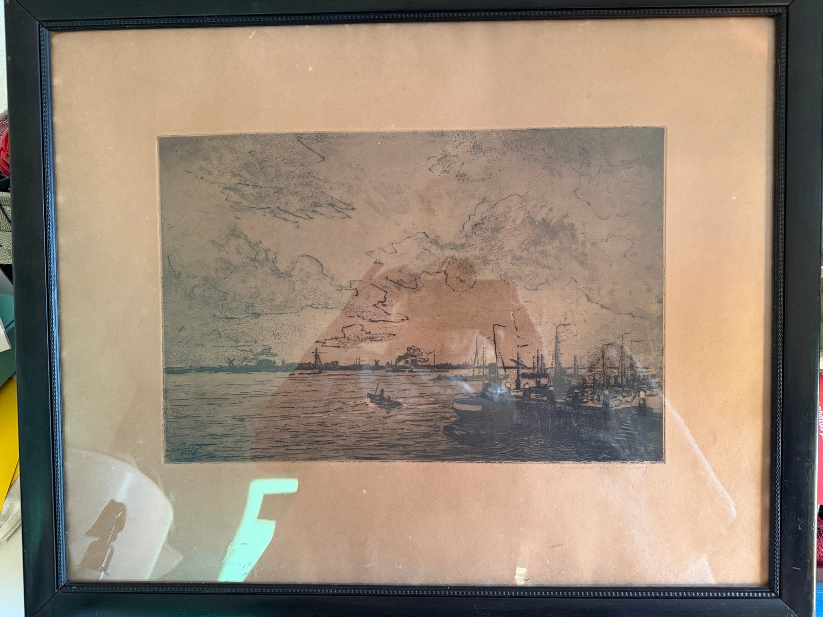 Maritiem stadsgezicht, vermoedelijk ets, ingelijst, Ingelijst, 1800 - 1899, Ets, Stadsgezicht
