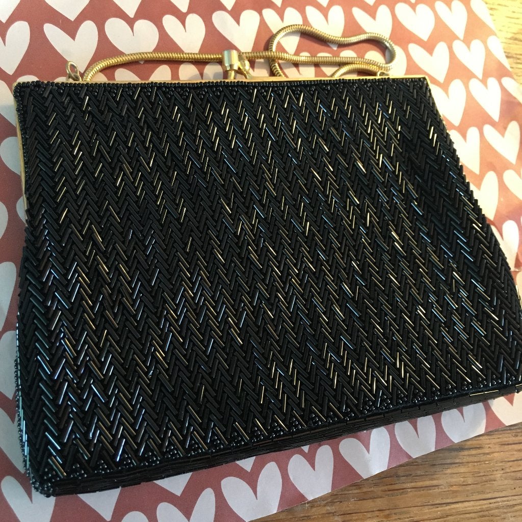 Vintage zwart glaskralen kniptasje avondtasje Hong Kong boho, Ophalen of Verzenden, Zo goed als nieuw, Zwart, Avondtasje