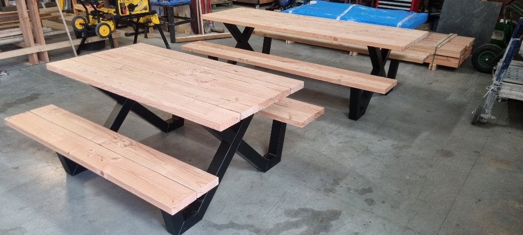 Picknicktafel met stalen X-frame onderstel, Ophalen, Nieuw, Rechthoekig, Hout