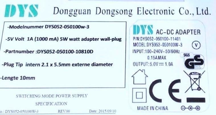 DYS 5V 1A AC DC Adapter 2.1x5.5 DYS052-050100W-3 5W 1000mA, Ophalen of Verzenden, Nieuw