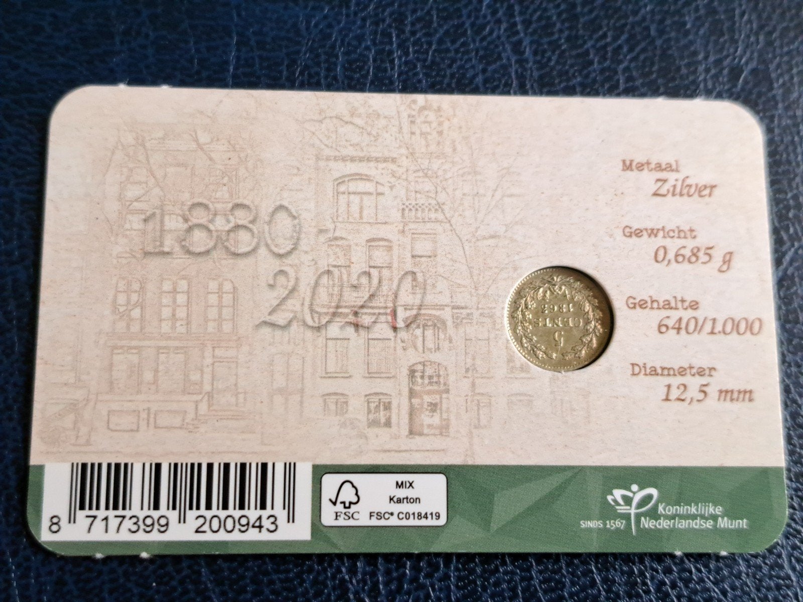 140 jaar Schulman Numismatiek coincard met 1863, Ophalen of Verzenden, Koning Willem III, 5 cent, Zilver