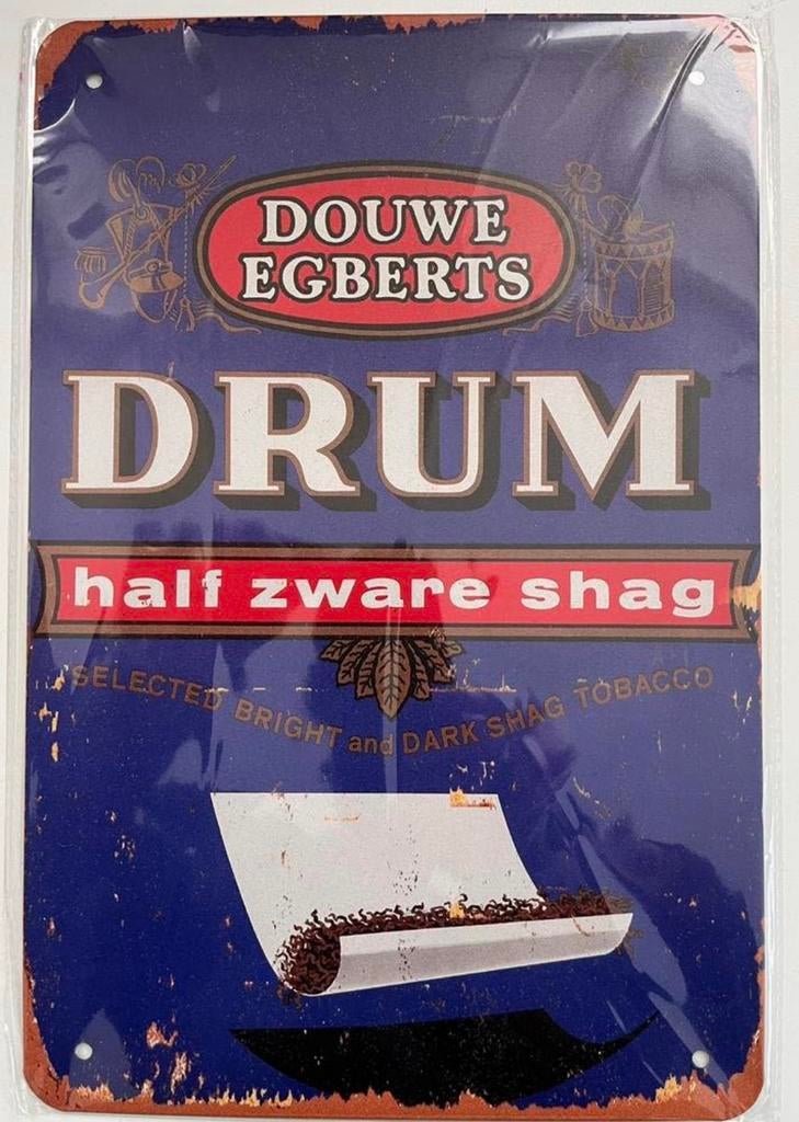 Douwe Egberts Drum half zware shag metalen bord 20x30 cm, Verzamelen, Ophalen of Verzenden, Zo goed als nieuw, Reclamebord