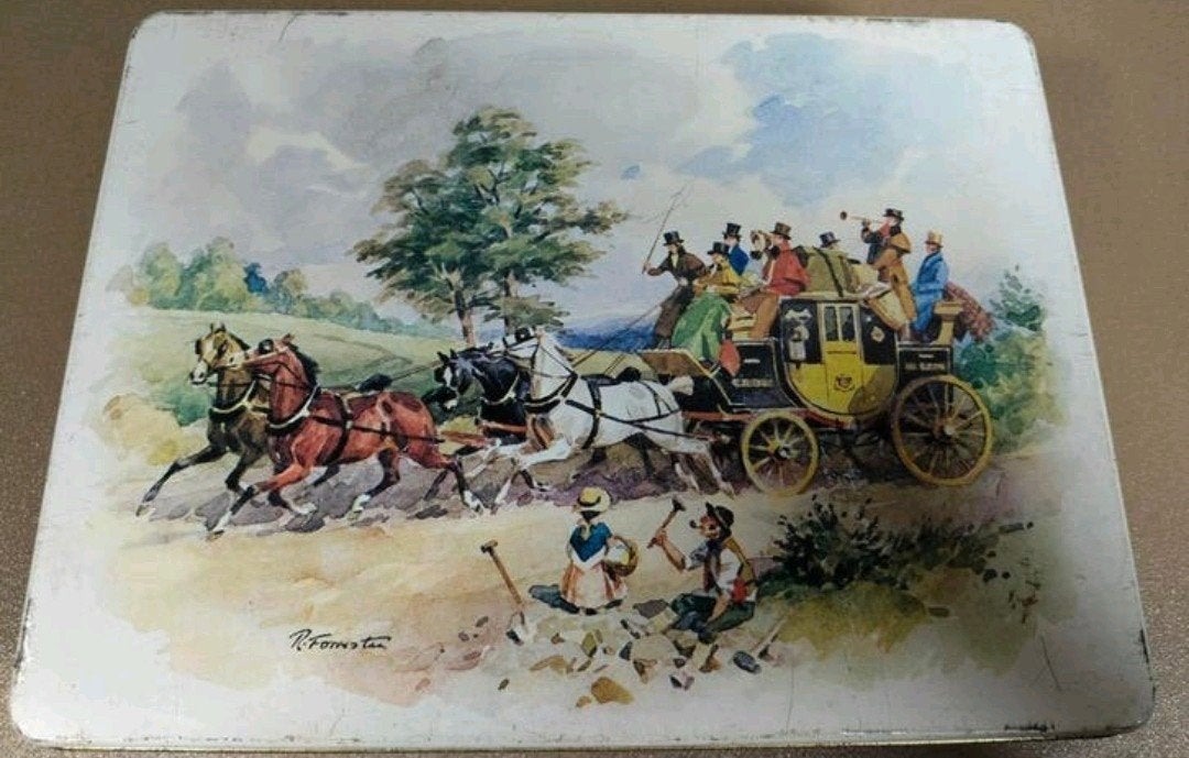 Vintage blikken doos met paardenkoets decoratie, Verzamelen, Verzenden, Gebruikt, Overige
