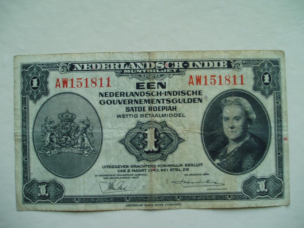 304. Nederlands Indië, 1 gulden 1943 Koningin Wilhelmina., Verzenden, Zuidoost-Azië, Los biljet
