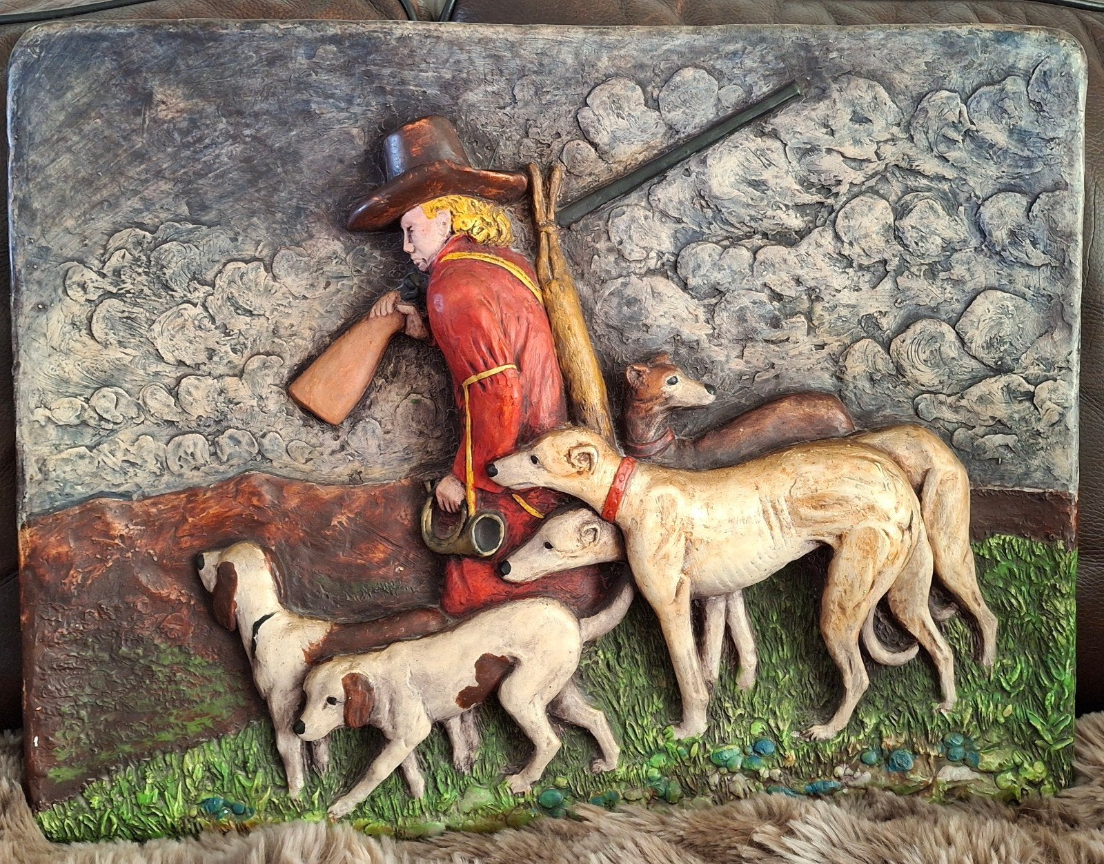Vintage Redore Stone Jager met Honden Wanddecoratie, Antiek en Kunst, Antiek | Keramiek en Aardewerk, Ophalen of Verzenden