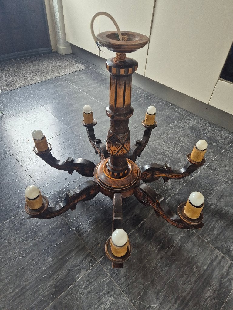 Antieke houten kroonluchter - 70 cm hoog, 80 cm breed, Ophalen, Antiek, Klassiek, Rustiek, Gebruikt, E27 (groot)