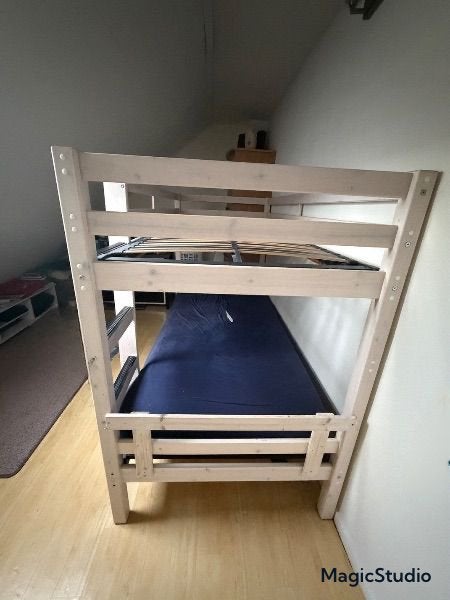 Stevig houten stapelbed met lattenbodems, Ophalen, Gebruikt, 90 cm, 160 tot 180 cm
