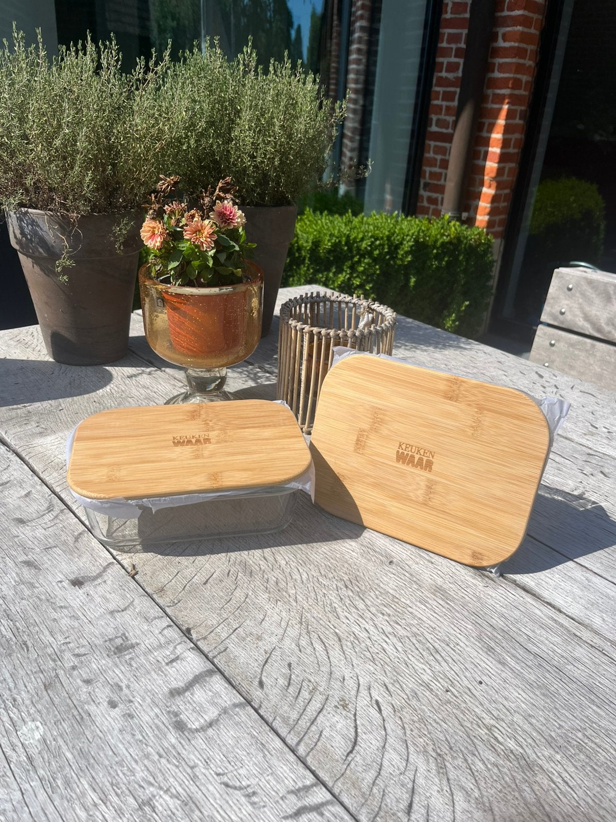 2x Glazen vershoudbak 900 ml met bamboe deksel nieuw, Ophalen, Nieuw