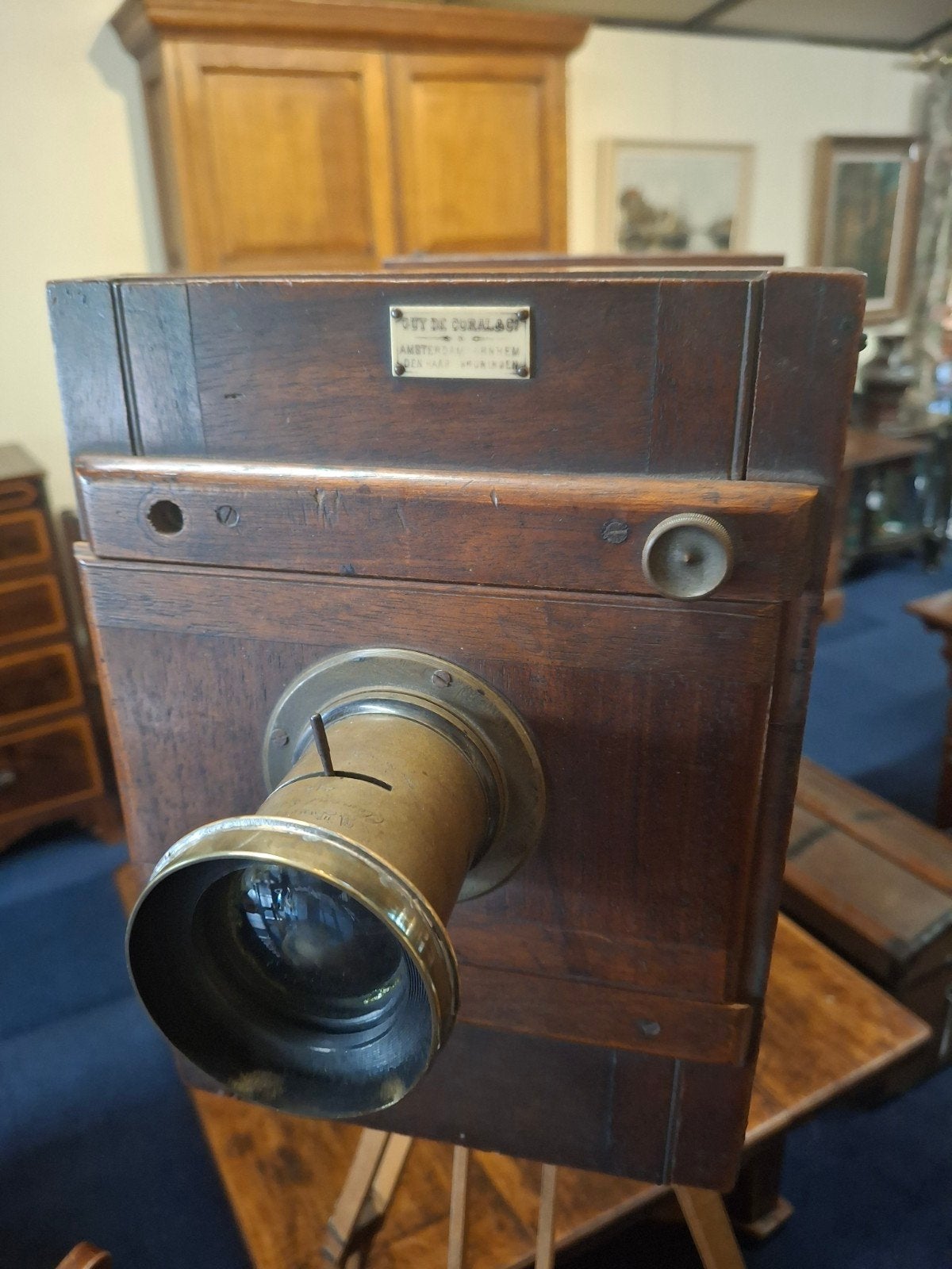 Antieke houten camera met messing, Frans, 1891, op statief, Ophalen, Gebruikt, Overige Merken