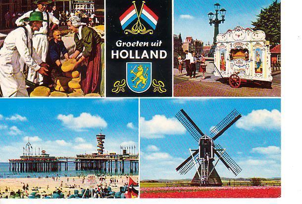 Ansichtkaart	Klederdracht	Draaiorgel	Molen	5-luik, Verzenden, 1960 tot 1980, Ongelopen, Klederdracht