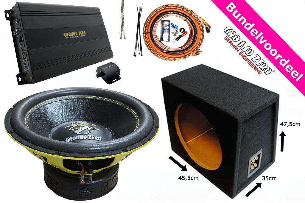 1800W Ground Zero 15'' Subwoofer Kist + Monoblock + Kabelset, ., Nieuw, Ophalen of Verzenden, .