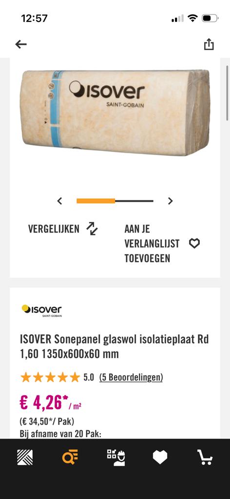 Pak Isover glaswol isolatiepl. Rd 1,60 1350x600x60 m, Ophalen, 4 tot 8 cm, Zo goed als nieuw, Minder dan 5 m²