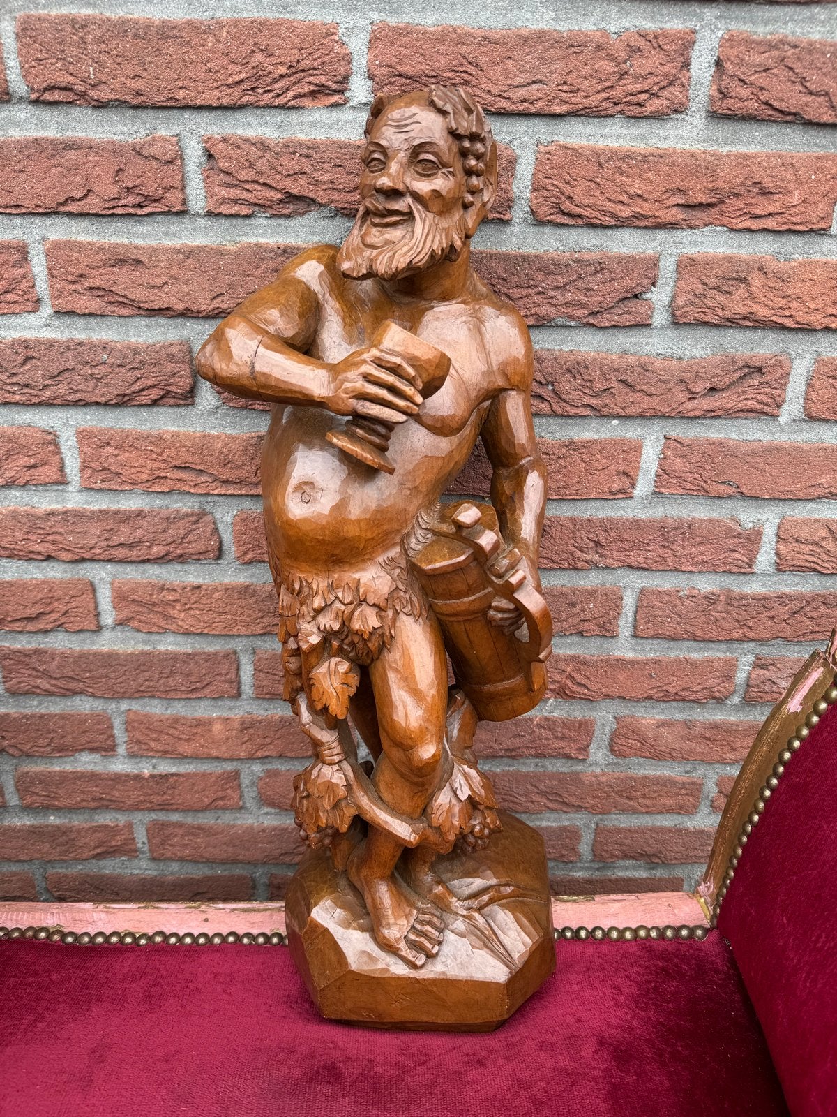 Antiek Houtsnijwerk Bacchus/Dionysos uit Oberammergau, 63cm!, Antiek en Kunst, Kunst | Beelden en Houtsnijwerken, Houtsnijwerk