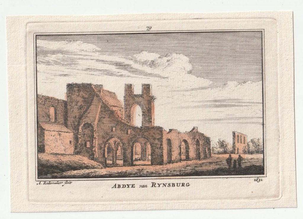 Abdij van Rijsburg Ruïne A. Rademaker ingekleurde gravure, Verzenden, Gravure, Handgekleurd, 1700 - 1799