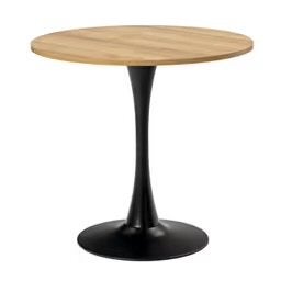 Ronde eettafel met houten blad en zwarte trompetvoet, Ophalen, 100 tot 150 cm, Rond, 50 tot 100 cm