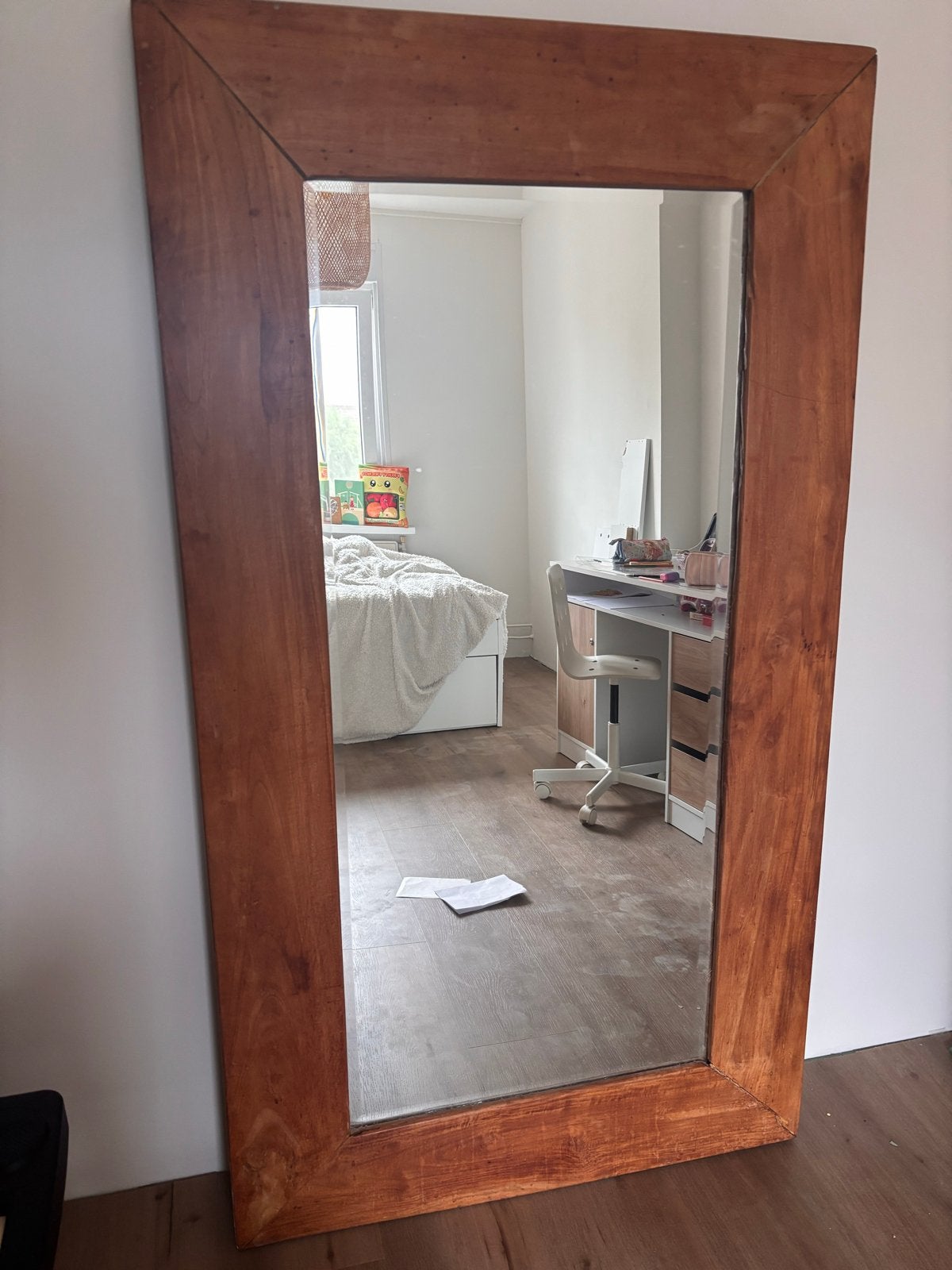 Grote teak houten spiegel met brede lijst, Huis en Inrichting, Ophalen, Gebruikt, 75 tot 100 cm, 150 tot 200 cm