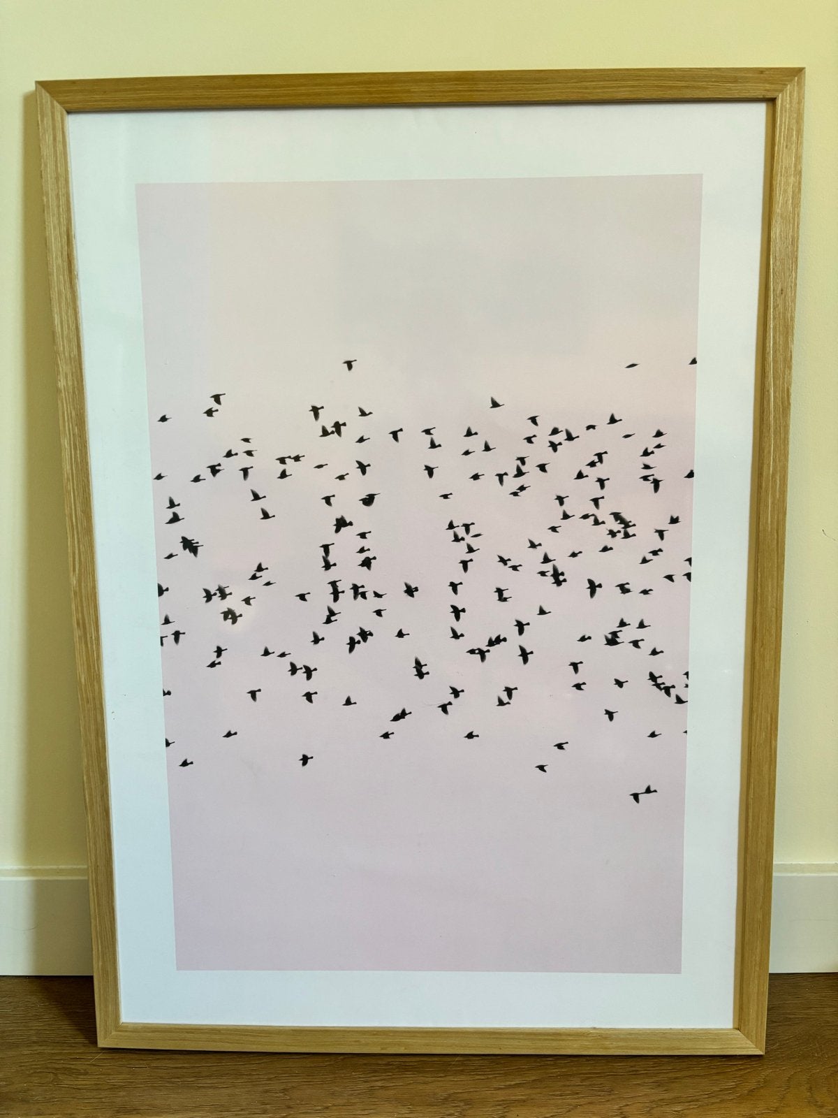 Ingelijste poster (Desenio) zwerm vogels roze lucht 73x53cm, Ophalen, Beige, Ingelijst werk, Zo goed als nieuw