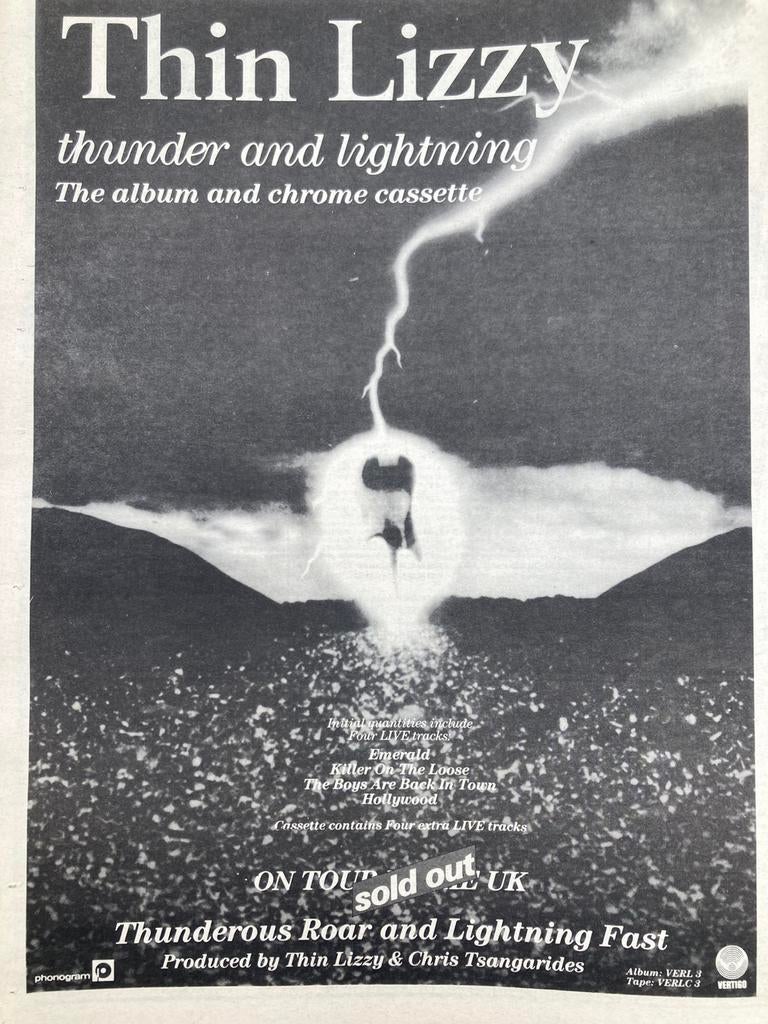 Paginagrote A3 advertentie THIN LIZZY Thunder Lightning tour, Cd's en Dvd's, Vinyl | Hardrock en Metal, Ophalen of Verzenden, Zo goed als nieuw