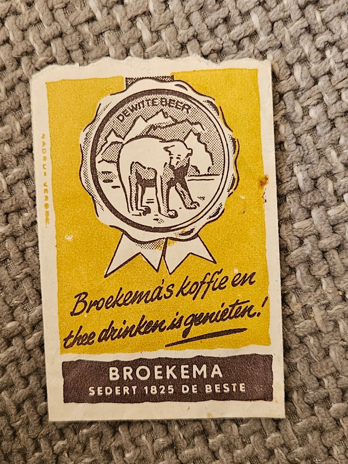 Broekema Koffie & Thee suikerzakje- De Witte Beer, Ophalen of Verzenden, Gebruikt, Reclamebord