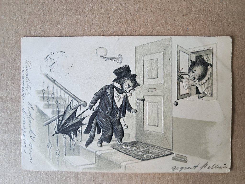Poezenkaart (2) - Meneer komt te laat thuis (1905, Reliëf), Verzenden, Voor 1920, Gelopen, Hond of Kat