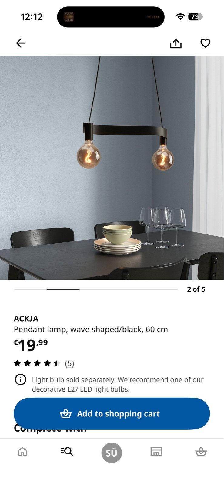 ACKJA Hanglamp, golfvormig/zwart, 60 cm, Ophalen of Verzenden, Nieuw, Metaal