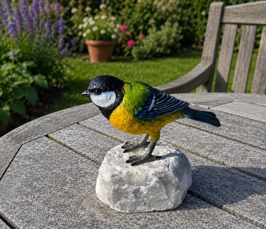 Bronzen KOOLMEES/ brons /BRONZEN TUINBEELD / GEKLEURD, Dierenbeeld, Nieuw, Info@huisentuindecoratiemarie.nl, Huis en tuin decoratie marie