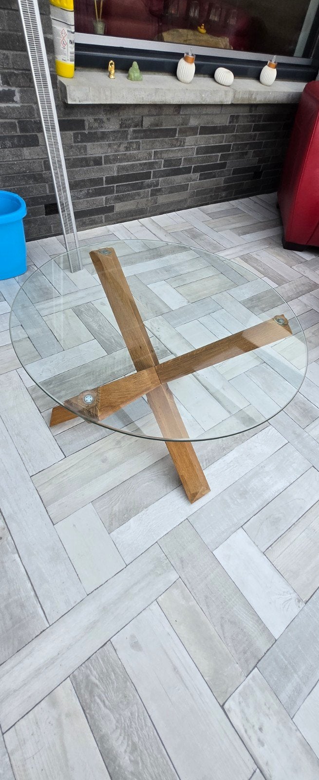 Houten bijzettafel met ronde glasplaat, Ophalen, Gebruikt, Rond, Hout