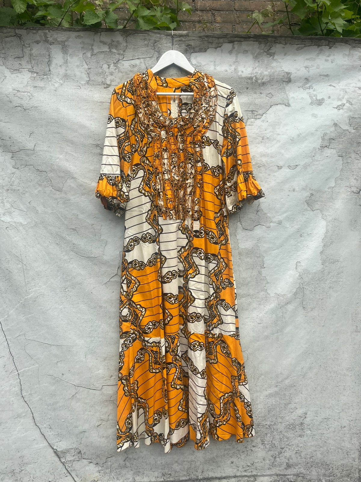 African print vintage jurk 70s maat M, Ophalen of Verzenden, Zo goed als nieuw, Maat 38/40 (M), Onder de knie