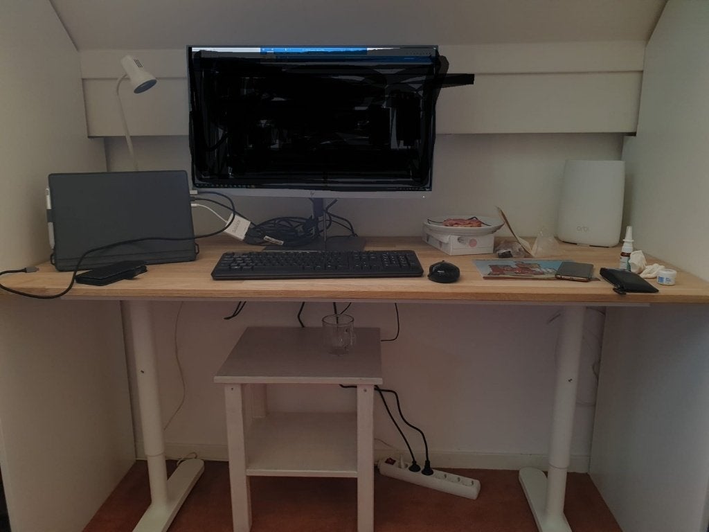 Ikea Bureau BEKANT en Karwei DURALINE houten werkblad (ZGAN), Ophalen, Overige typen, Hout, Zo goed als nieuw